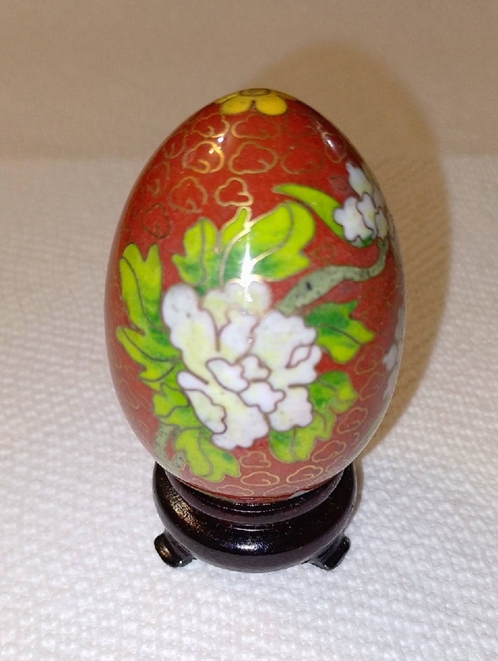 New in box Cloisonne Blue Egg Ornament w stand Vintage Collectible Medi…